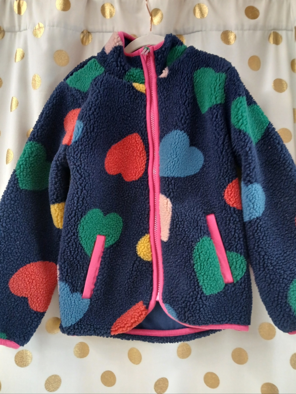 Boden Eden Borg Zip-through Jacket Starboard Blue Multi Hearts Size 7-8 yr